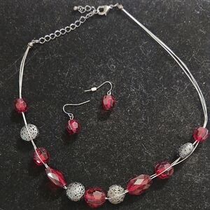 Red and Silver Beaded Necklace and Earring Set